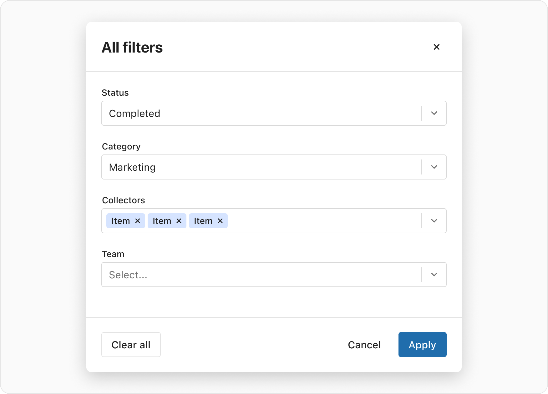 A UI example showing the all filters modal