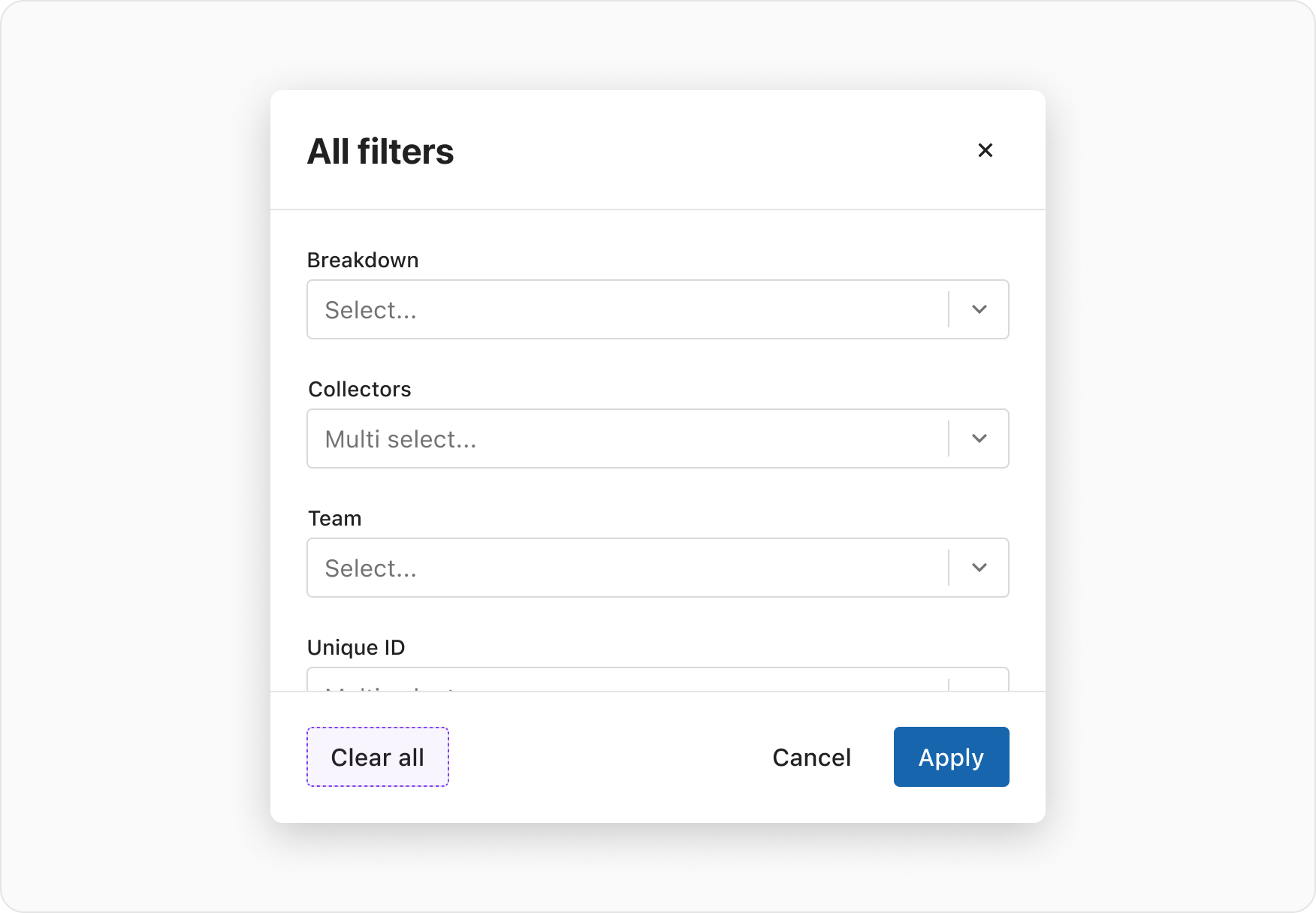 A UI example of clearing all filters in the all filters modal