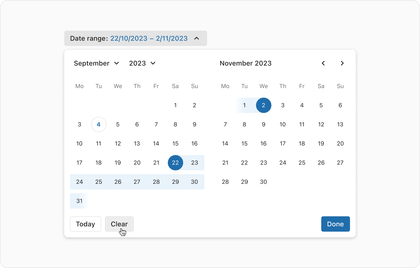 A UI example showing a date dropdown with selected start date of 22/10/2023 and selected end date of 02/11/2023