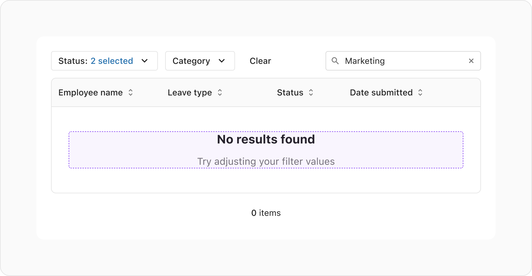A UI example of empty state with the title No results found and the description Try adjusting your filter values