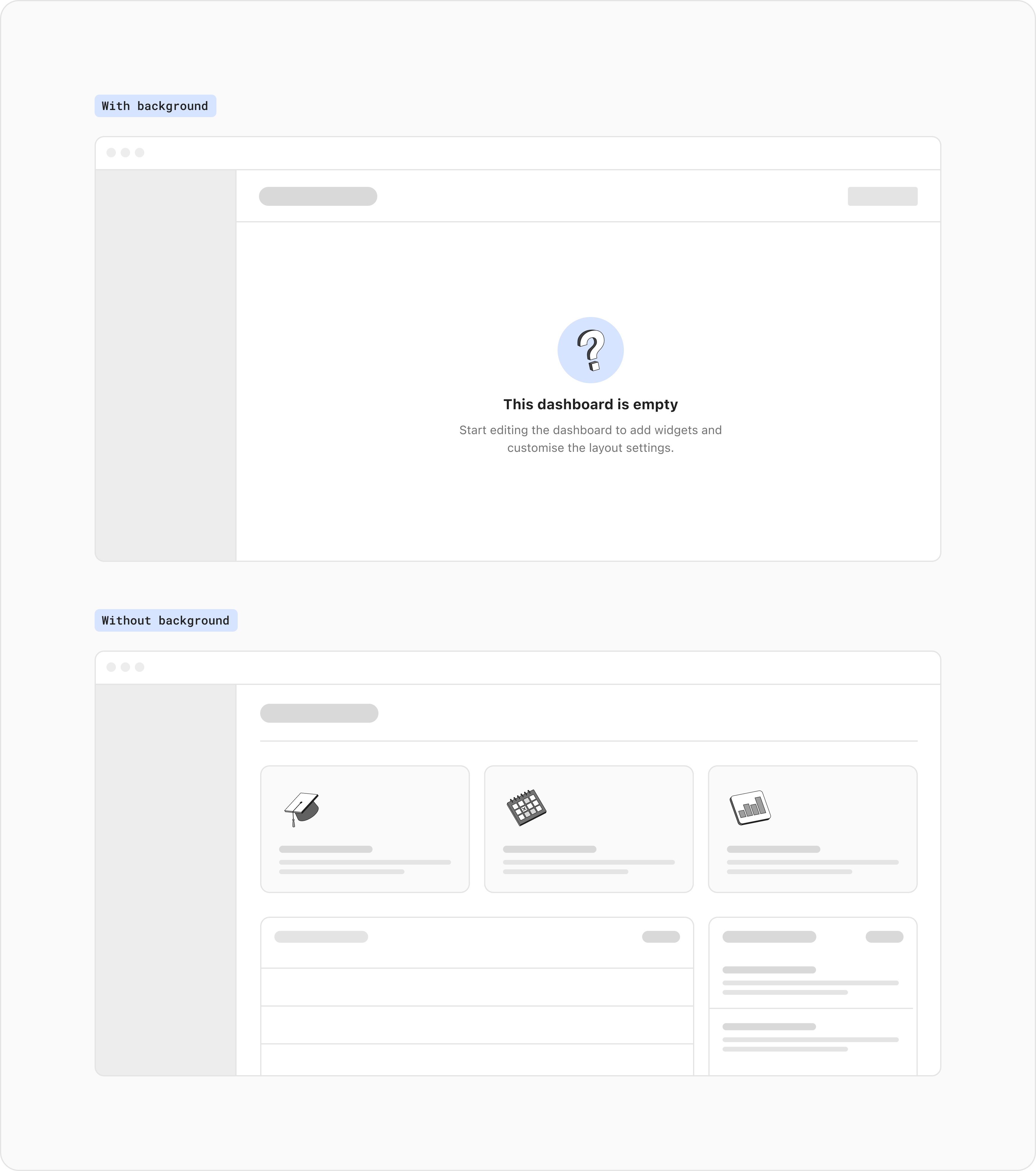 Example of using a spot illustration for each card in a layout without a background circle, and an example of using a single spot illustration in an empty state with a background circle.