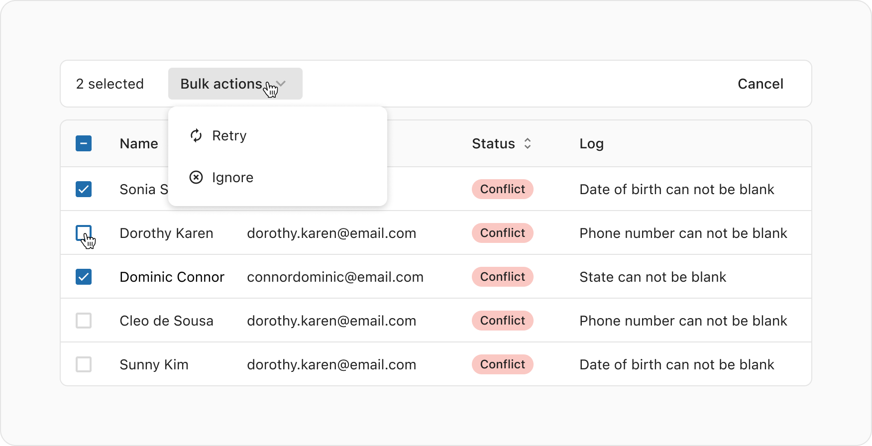 Tables guidelines bulk actions